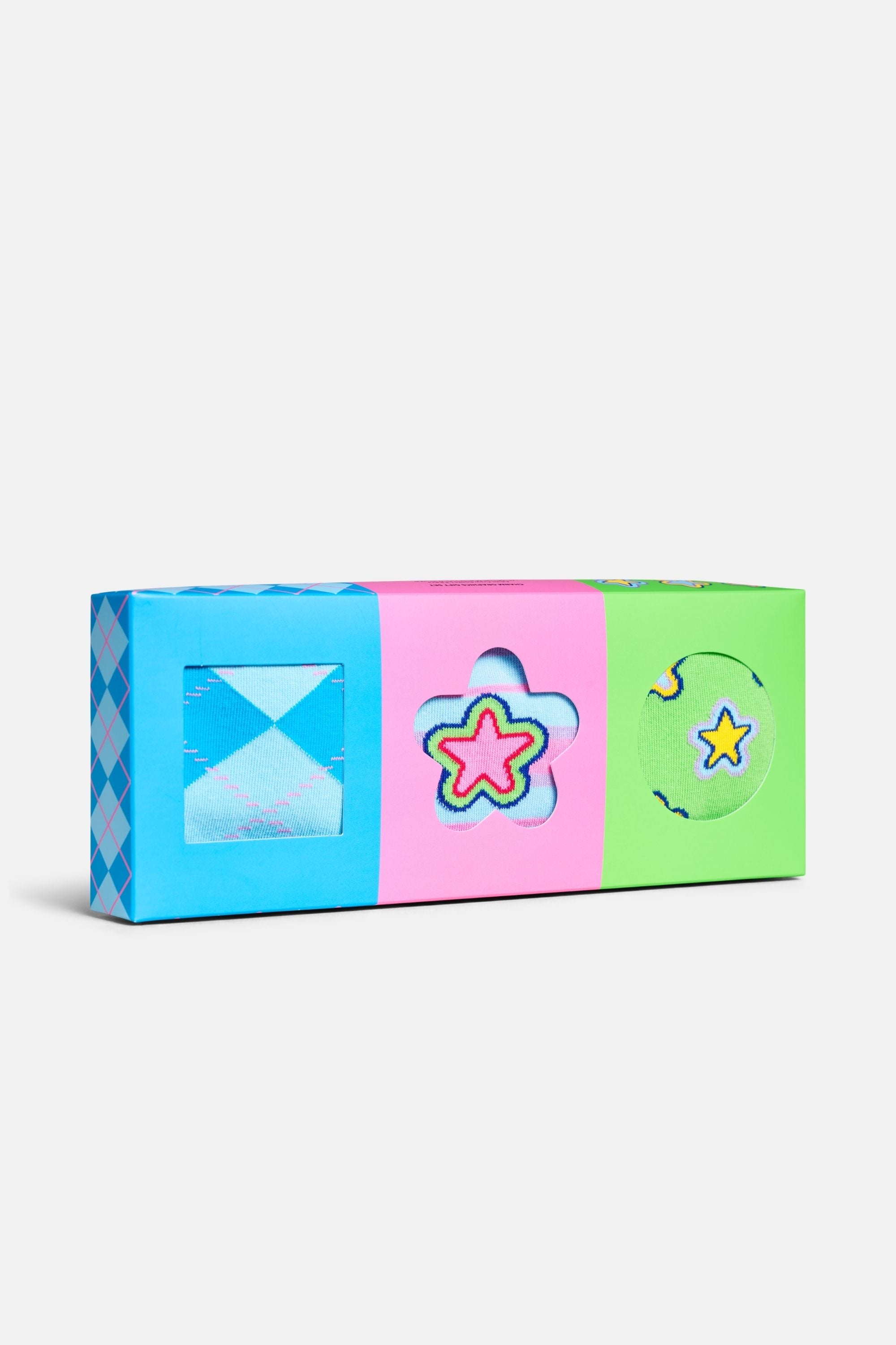 Happy Socks - Çok Renkli Karışık Geometrik Desenli 3'lü Pamuklu Çorap Seti