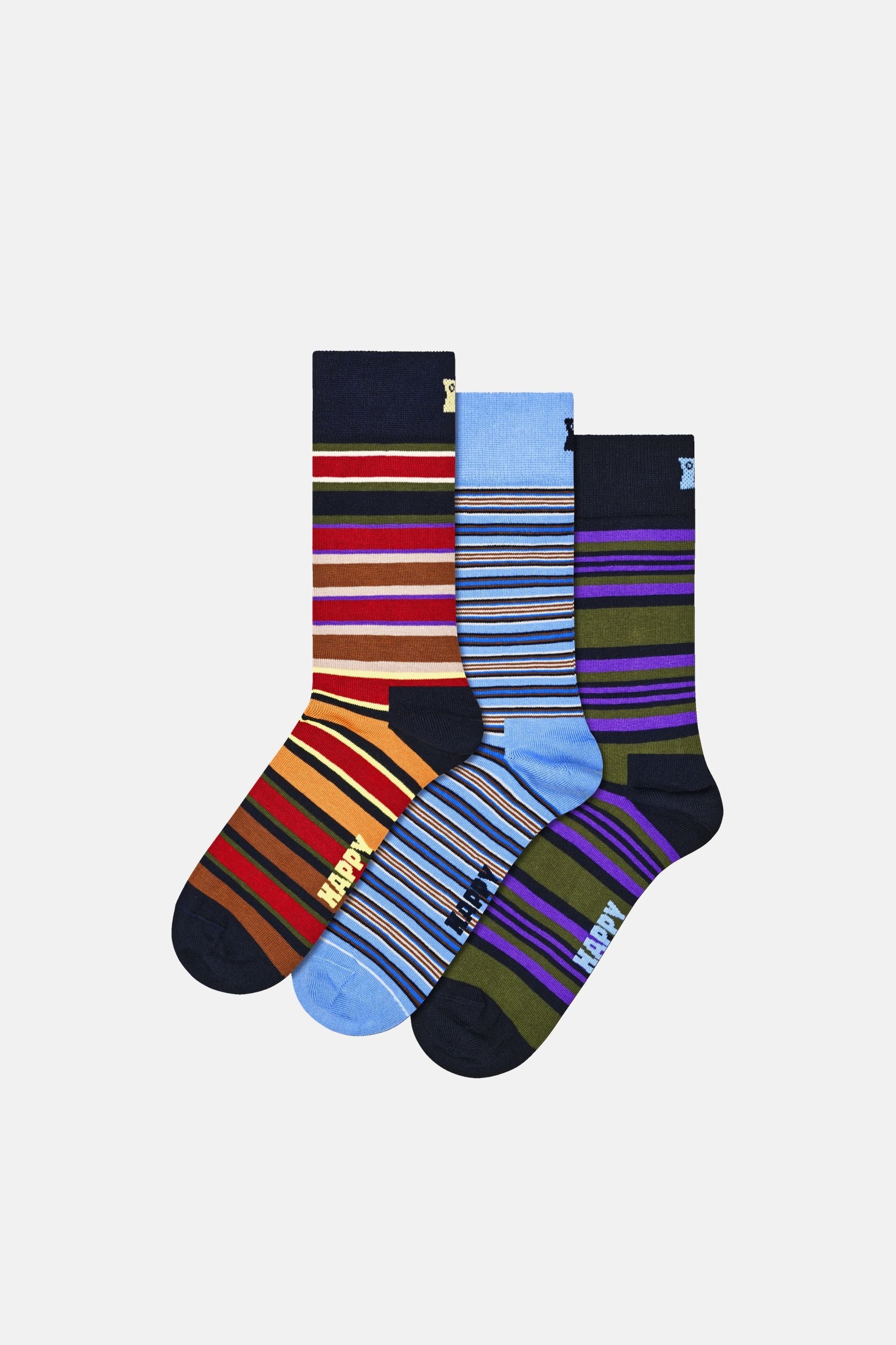 Happy Socks - Çok Renkli Çizgi Desenli 3'lü Pamuklu Çorap Seti