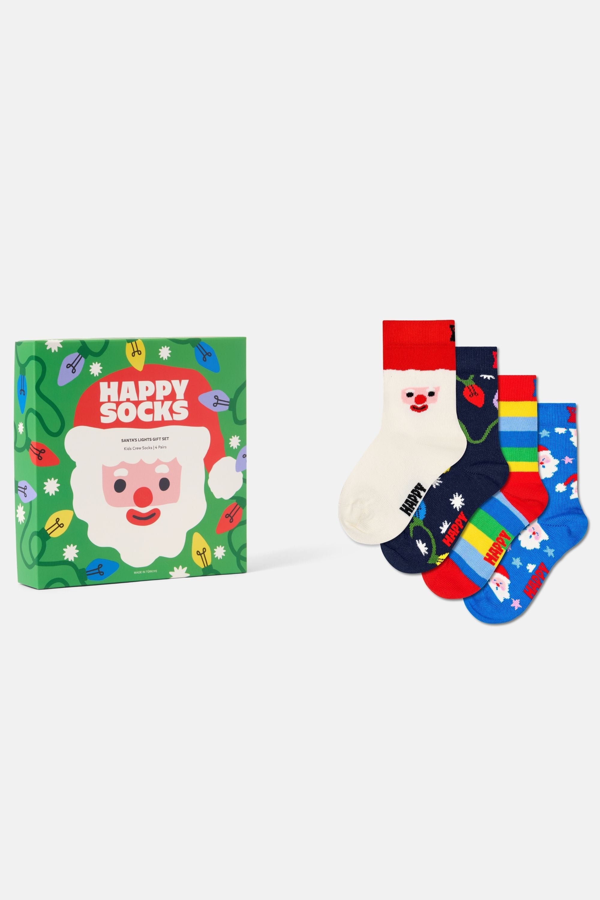 Happy Socks - Beyaz 4’lü Noel Baba ve Işık Desenli Çocuk Pamuklu Çorap Seti