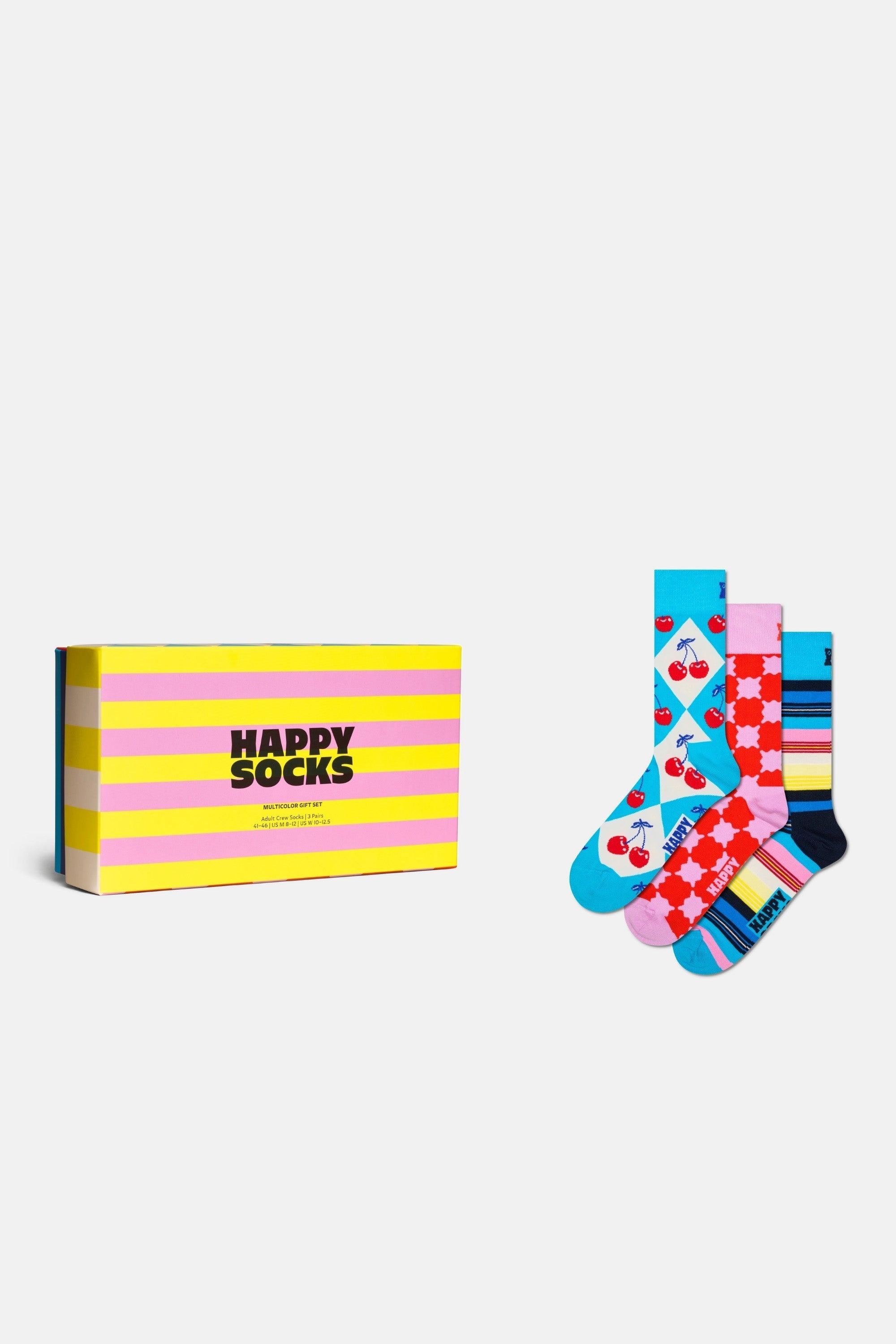 Happy Socks - Çok Renkli Kare ve Çizgi Desenli Pamuklu 3’lü Çorap Seti