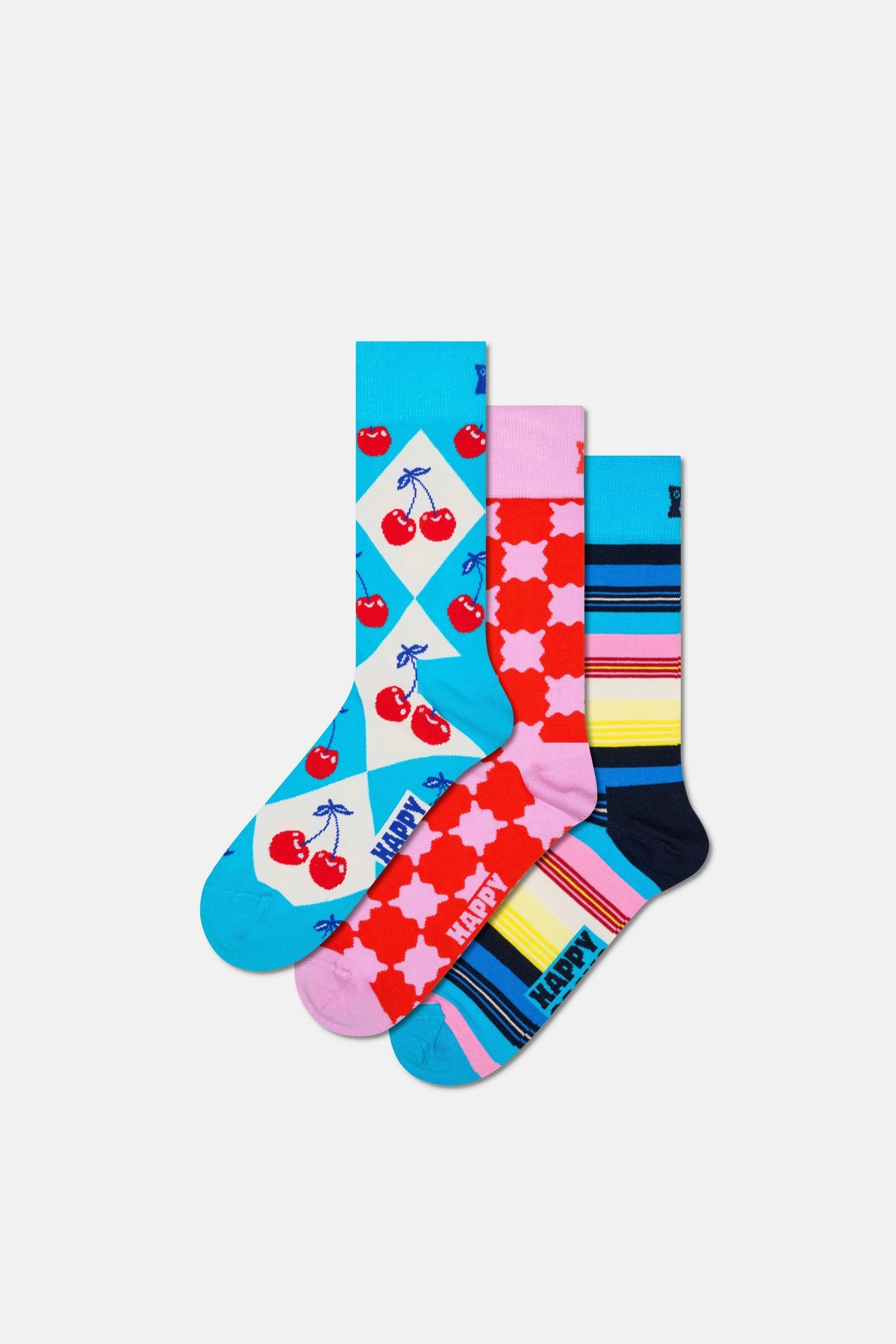 Happy Socks - Çok Renkli Kare ve Çizgi Desenli Pamuklu 3’lü Çorap Seti