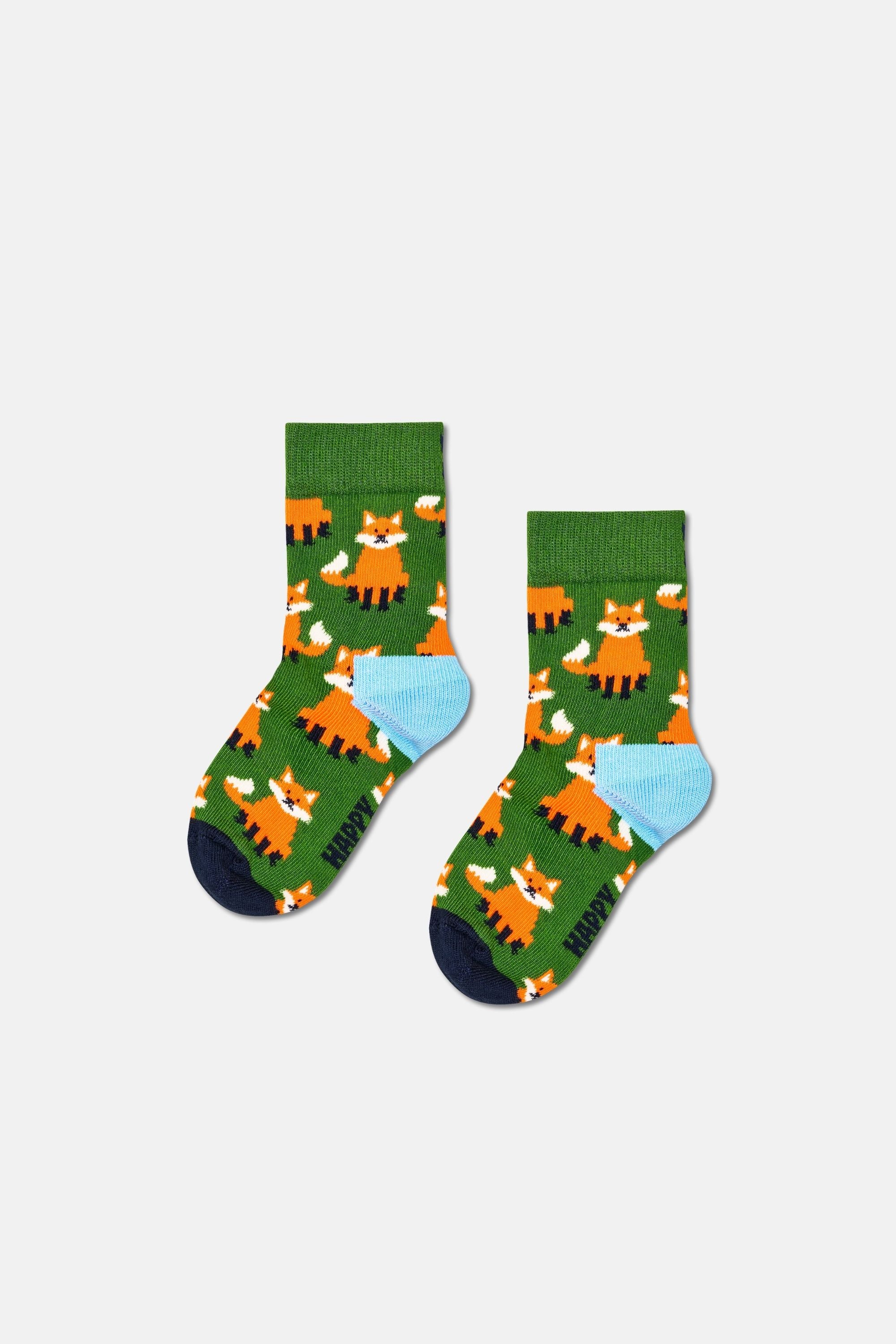 Happy Socks - Çocuk Yeşil Tilki Desenli Pamuklu Çorap