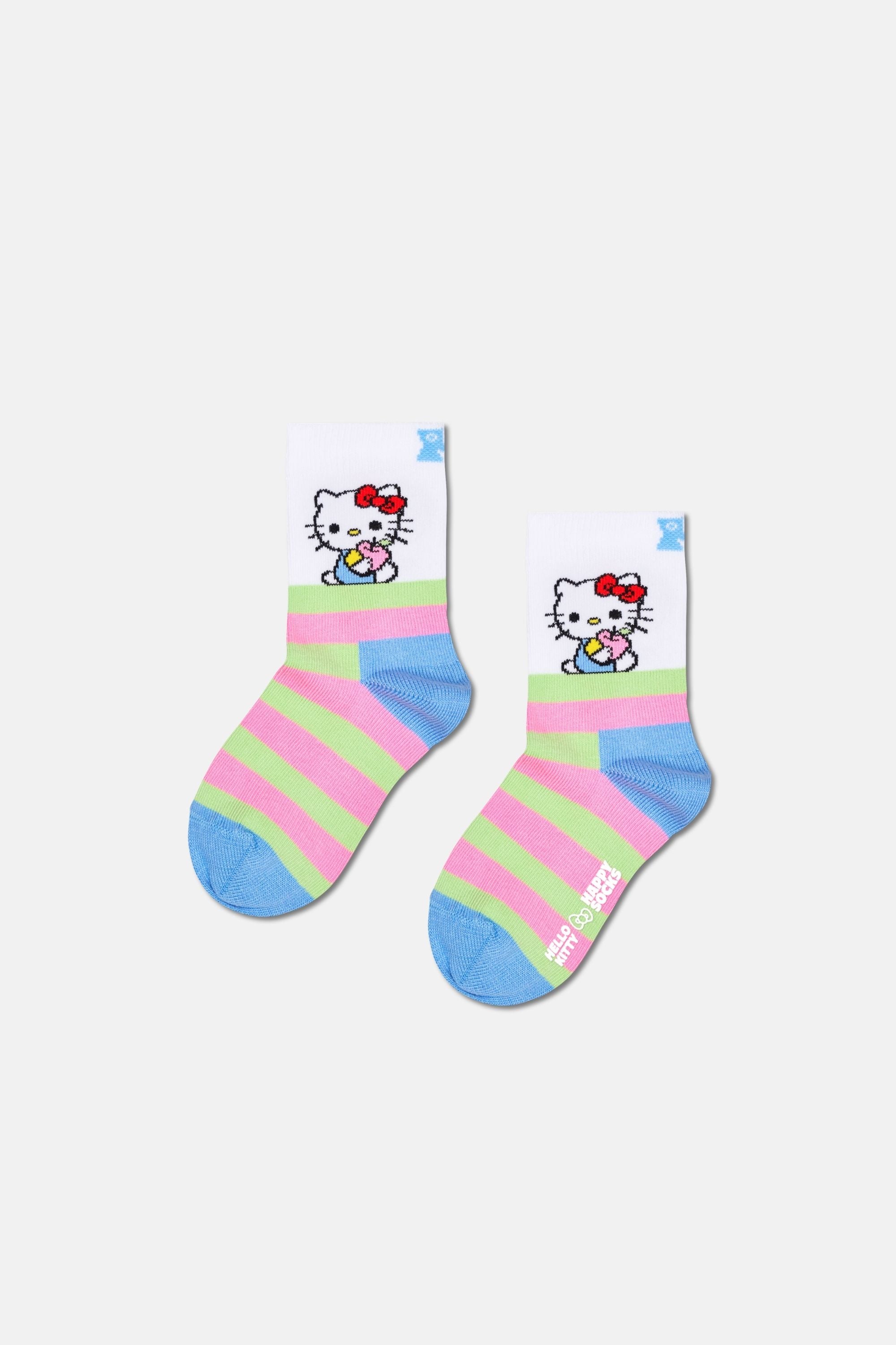 Happy Socks - Beyaz Hello Kitty Çizgili Desenli Çocuk Pamuklu Çorap