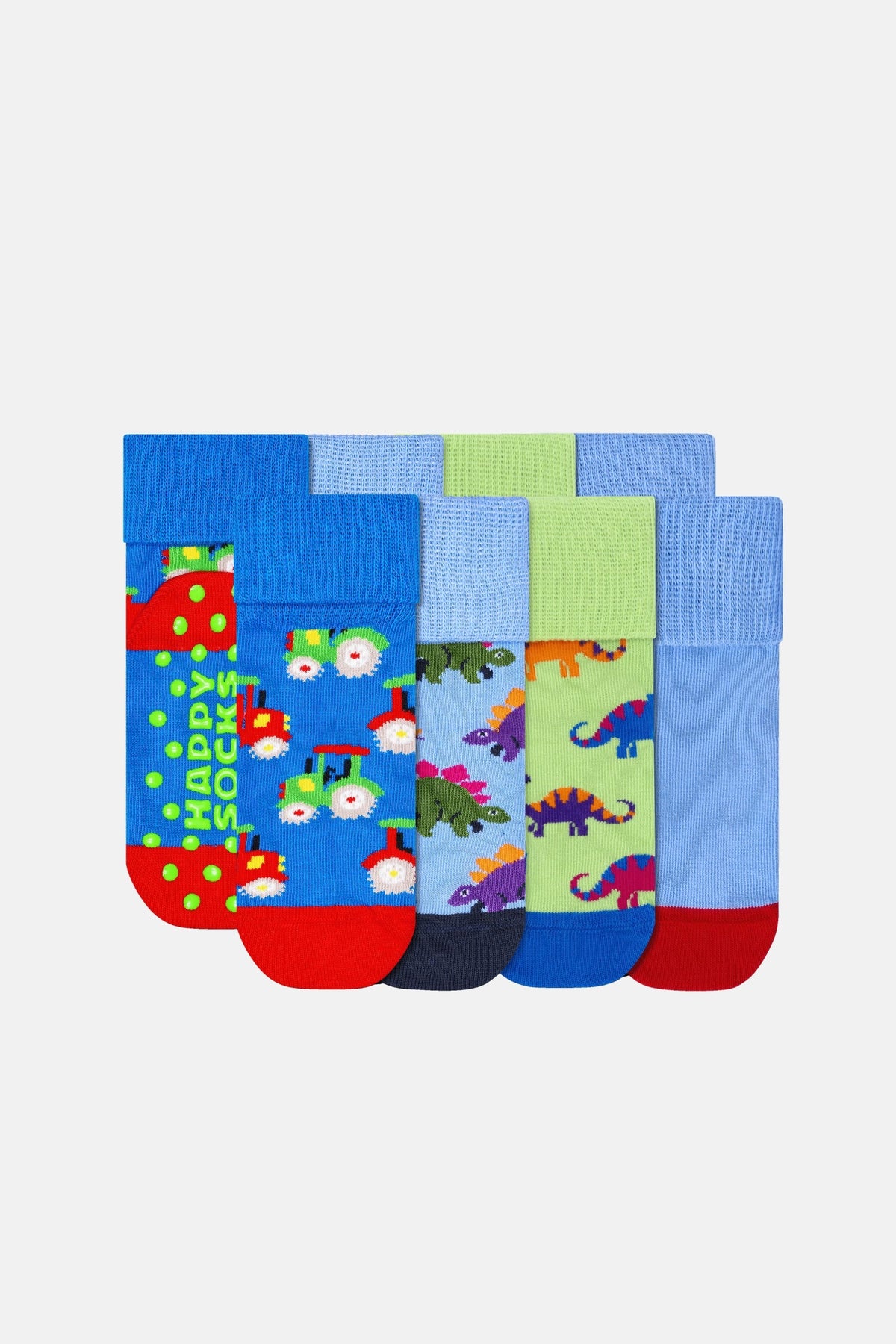 Happy Socks - Çok Renkli 4’lü Dinozor ve Traktör Desenli Kaydırmaz Çocuk Pamuklu Çorap Seti