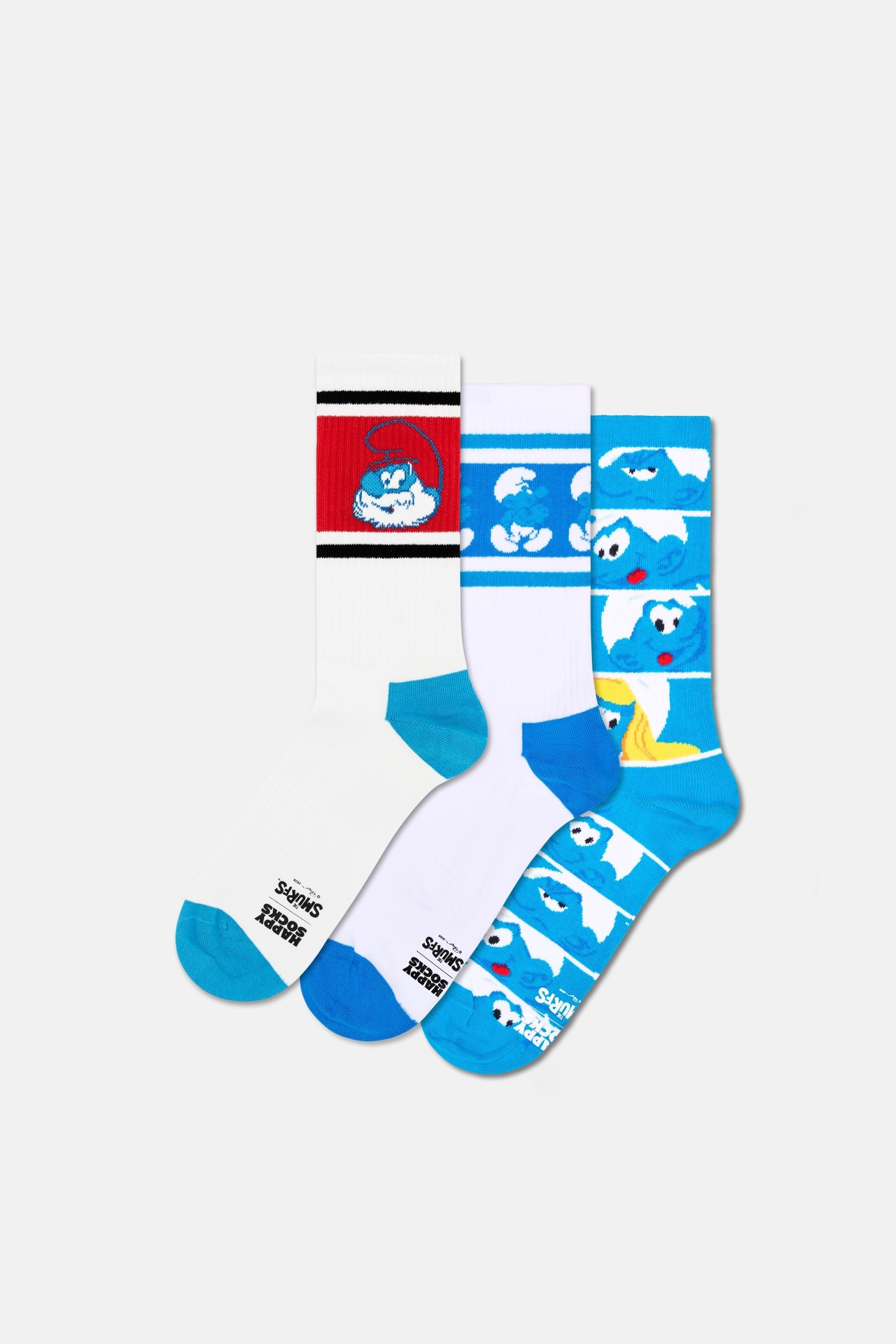 Happy Socks - Beyaz 3’lü Şirinler Desenli Sneaker Pamuklu Çorap Seti